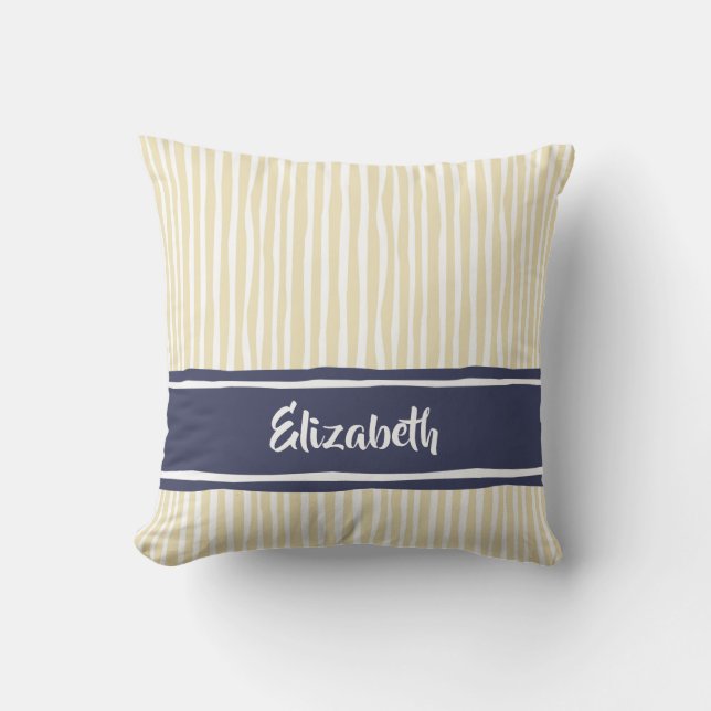 Wavy Painterly Stripes Navy and Cream With Name Throw Pillow (Front)