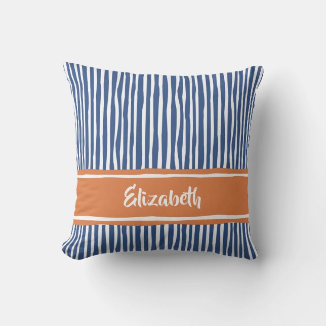 Wavy Painterly Stripes Orange and Blue With Name Throw Pillow (Front)