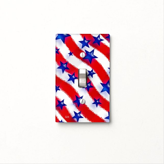 Wavy Patriotic Blue Stars Over Red & White Stripes Light Switch Cover (In Situ)