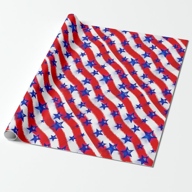 Wavy Patriotic Blue Stars Over Red & White Stripes Wrapping Paper (Unrolled)