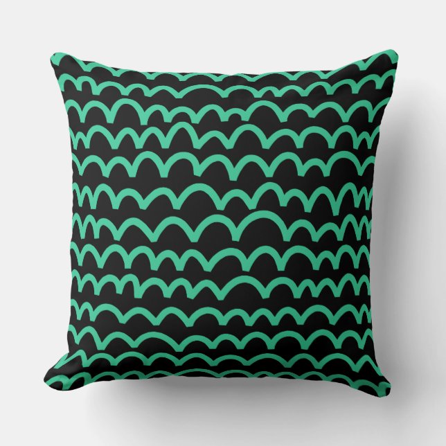 Wavy Pattern - Sea Green on Black Throw Pillow (Front)