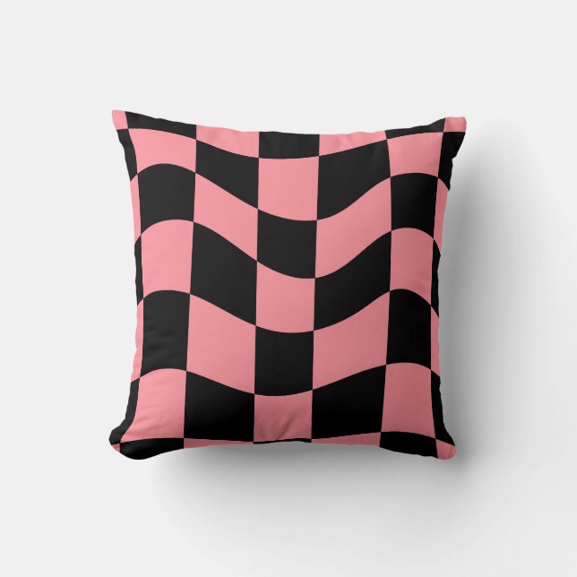 Wavy Peach and Black Checkerboard Pattern Pillow  (Front)