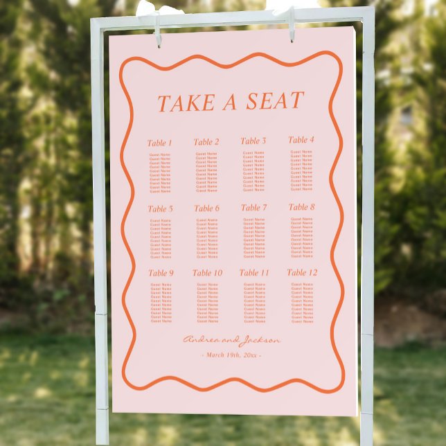 Wavy Pink and Orange Retro Wedding Seating Chart Foam Board (Creator Uploaded)