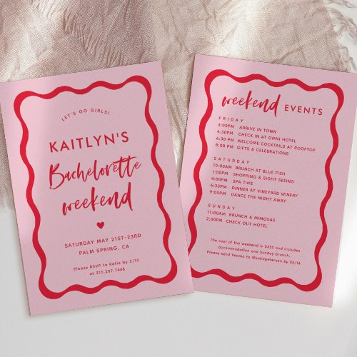 Wavy Pink and Red  Bachelorette Weekend Itinerary Invitation