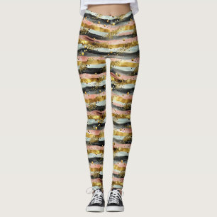 Wavy Pink & Black Stripes with Gold Glitter Leggings