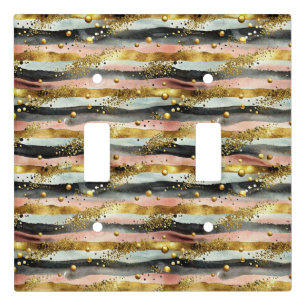 Wavy Pink & Black Stripes with Gold Glitter Light Switch Cover