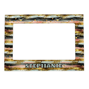 Wavy Pink & Black Stripes with Gold Glitter Magnetic Frame