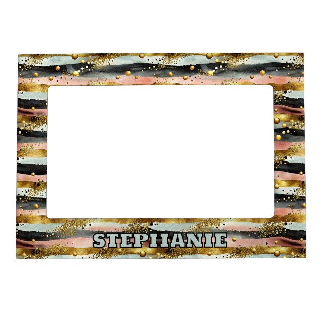 Wavy Pink & Black Stripes with Gold Glitter Magnetic Frame (Front)