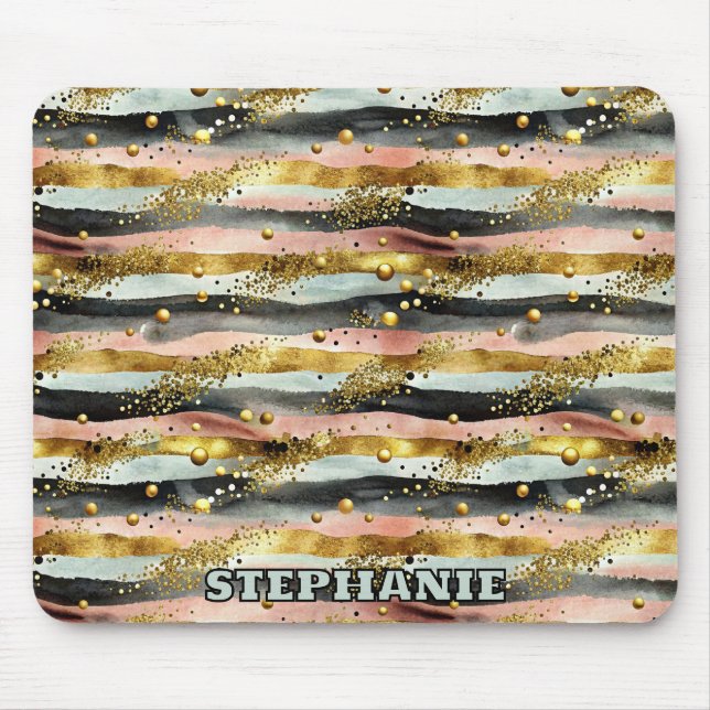 Wavy Pink & Black Stripes with Gold Glitter Mouse Pad (Front)