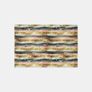 Wavy Pink & Black Stripes with Gold Glitter Outdoor Rug