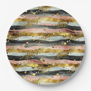 Wavy Pink & Black Stripes with Gold Glitter Paper Plates