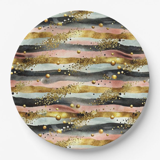Wavy Pink & Black Stripes with Gold Glitter Paper Plates (Front)