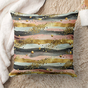 Wavy Pink & Black Stripes with Gold Glitter Throw Pillow