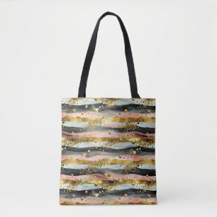 Wavy Pink & Black Stripes with Gold Glitter Tote Bag