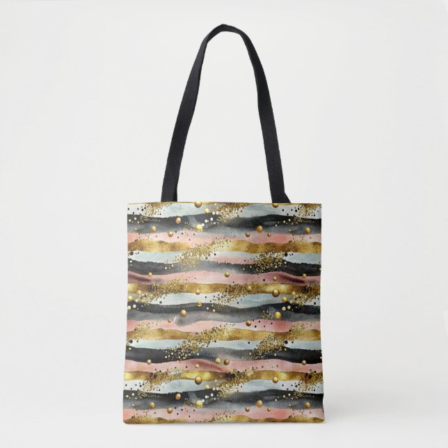 Wavy Pink & Black Stripes with Gold Glitter Tote Bag (Front)