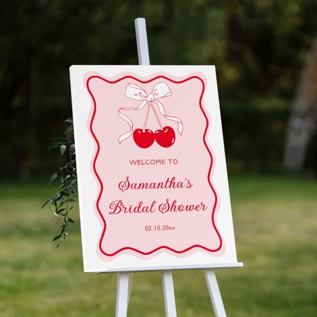 Wavy Pink Bow Cherry On Top Bridal Shower Welcome Foam Board (Creator Uploaded)