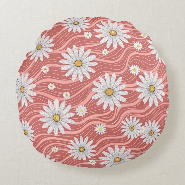 Wavy Pink Daisies  Round Pillow (Front)