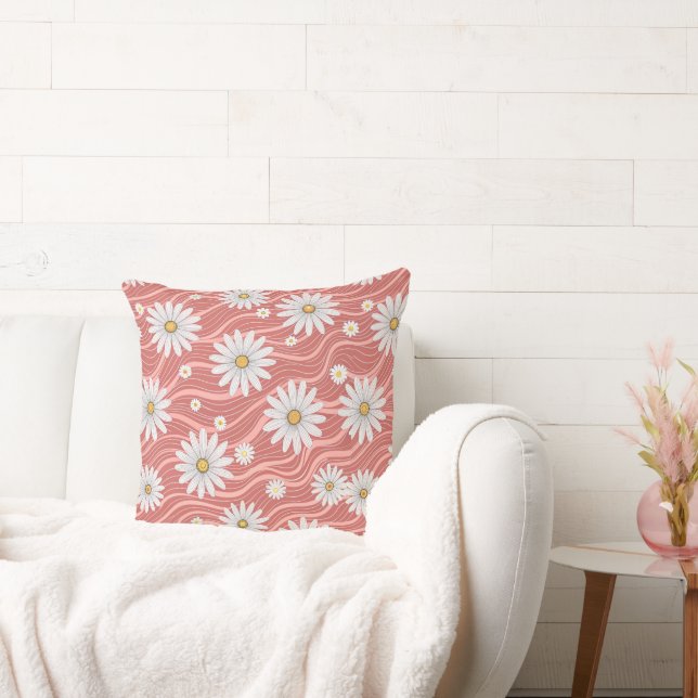 Wavy Pink Daisies  Throw Pillow (Couch)