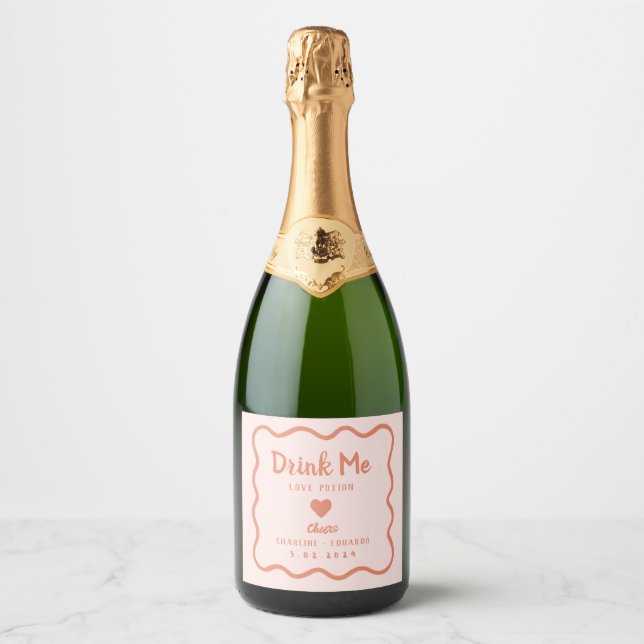 Wavy Pink Pastel Drink me Lovepotion Wedding  Sparkling Wine Label (Front)