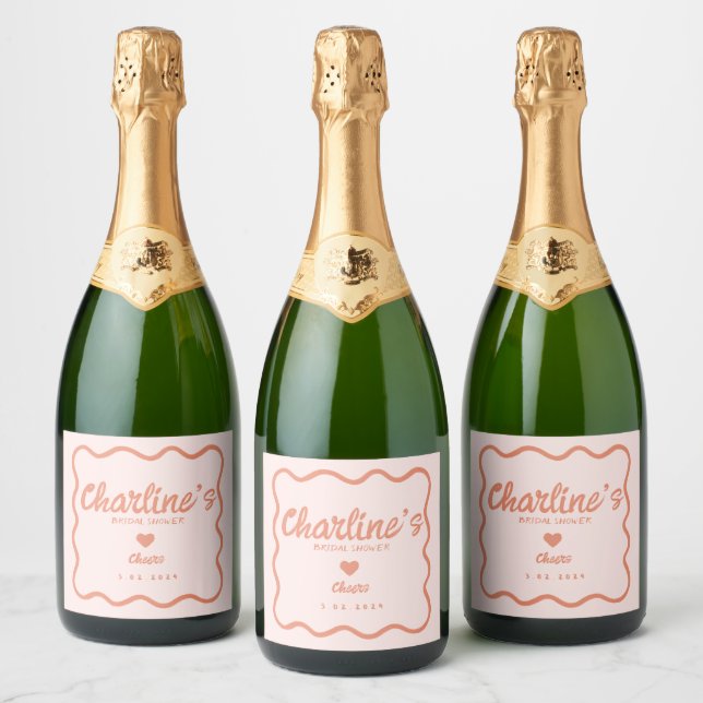 Wavy Pink Pastel Handwriting Retro Bridal Shower Sparkling Wine Label (Bottles)