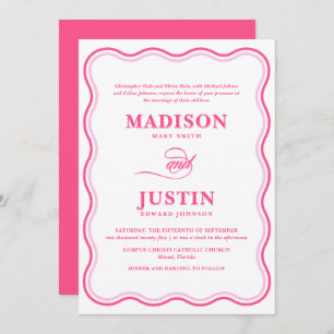 Wavy Pink Retro Squiggle Wedding Invitation