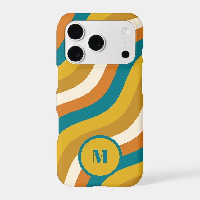 Wavy Pop Stripes Retro Pattern Teal Ochre Initial Iphone Case (Back)