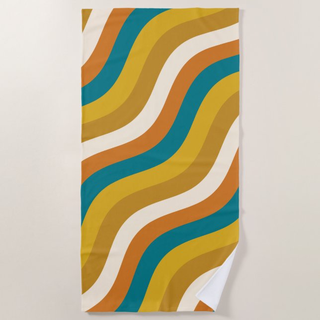 Wavy Pop Stripes Retro Pattern Teal Ochre Mustard Beach Towel (Front)