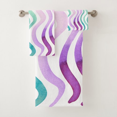 Wavy purple and green watercolor lines bath towel set