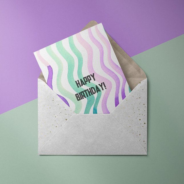 Wavy purple and green watercolor lines Bday Card (Creator Uploaded)