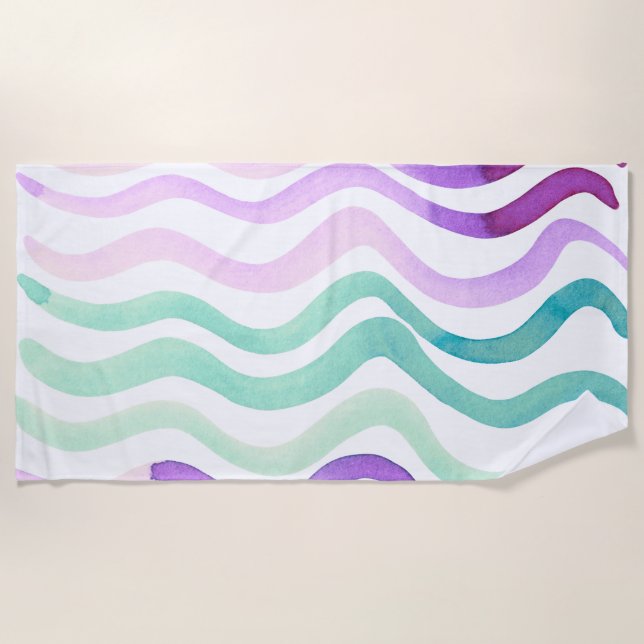 Wavy purple and green watercolor lines beach towel (Front)