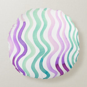 Wavy purple and green watercolor lines  round pillow