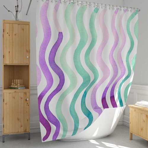 Wavy purple and green watercolor lines shower curtain