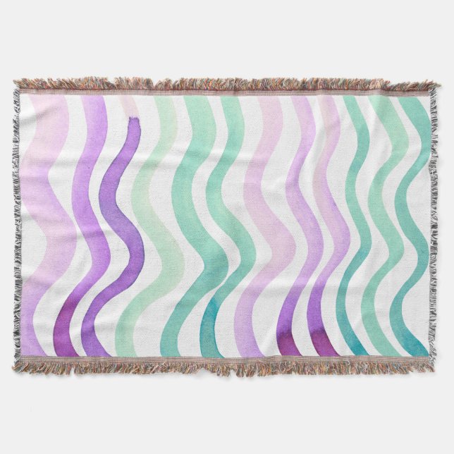 Wavy purple and green watercolor lines throw blanket (Front)