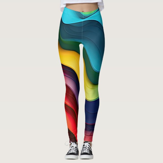 Wavy rainbow colors background leggings (Front)