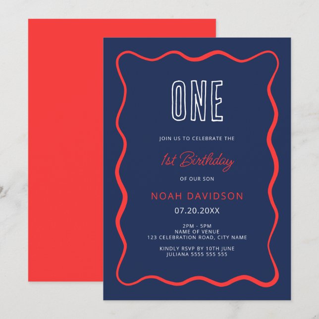  Wavy Red and Blue 1st Birthday Invitation  (Front/Back)