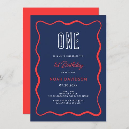  Wavy Red and Blue 1st Birthday Invitation 