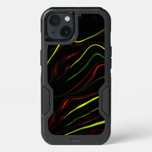 Wavy red and green long strokes, black background otterbox iPhone case (Back)