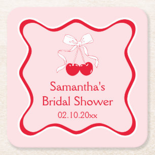 Wavy Red and Pink Cherry Bow Bridal Shower Square Paper Coaster