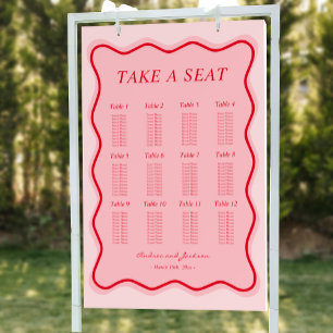Wavy Red and Pink Retro Wedding Seating Chart Foam Board
