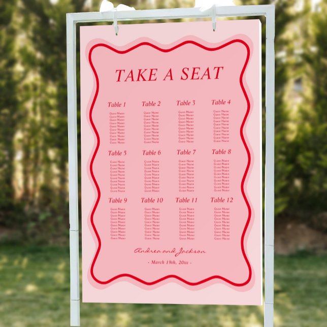 Wavy Red and Pink Retro Wedding Seating Chart Foam Board (Creator Uploaded)