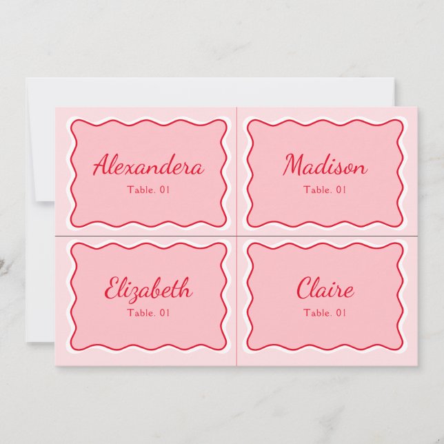 Wavy Red and Pink Wedding Name Place Card DIY (Front)