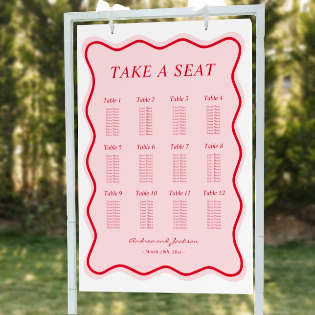 Wavy Red and Pink Wedding Theme Seating Chart Foam Board (Creator Uploaded)