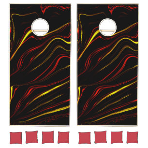 Wavy red gold long strokes on black background cornhole set