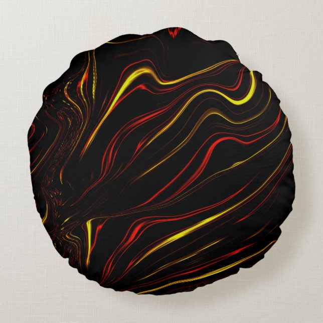 Wavy red gold long strokes on dark background round pillow (Back)