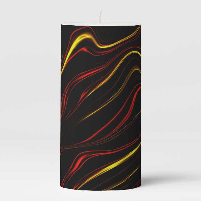 Wavy red gold long traces on black background pillar candle (Front)