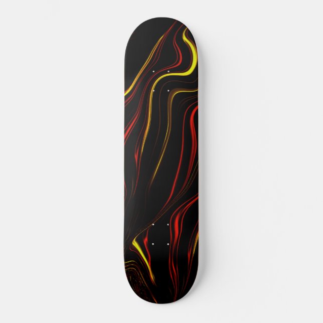 Wavy red gold long traces on black background skateboard (Front)