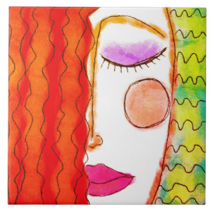 Wavy Red Hair Abstract Digital Painting  Ceramic Tile