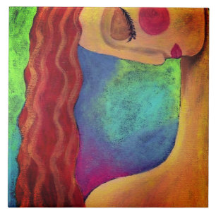 Wavy Red Hair Abstract Portrait of a Woman Ceramic Tile