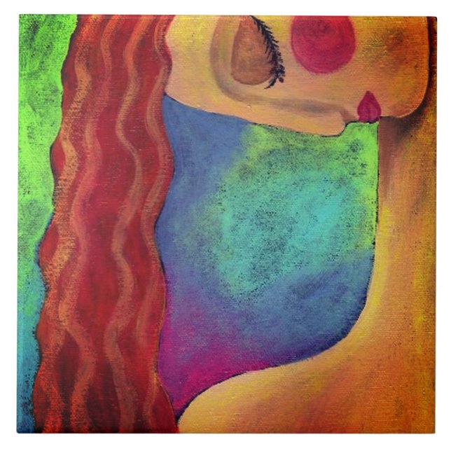Wavy Red Hair Abstract Portrait of a Woman Ceramic Tile (Front)