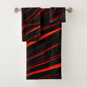 Wavy red long traces in black fund bath towel set